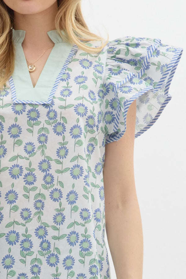 Floral Print Flutter Sleeve Pullover Top- Mint
