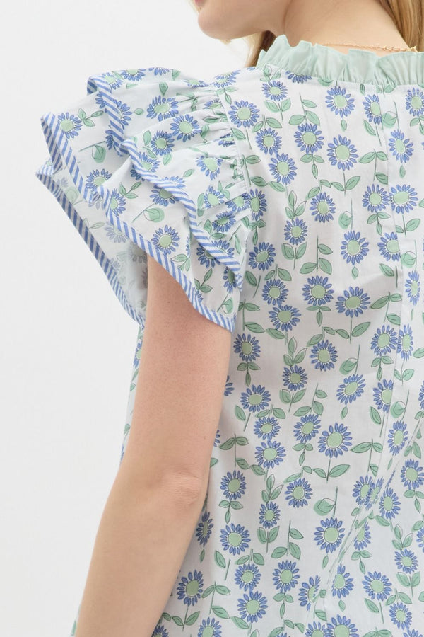 Floral Print Flutter Sleeve Pullover Top- Mint