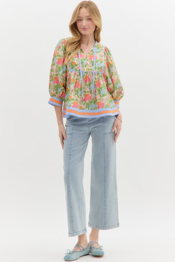Floral Cuff Band ¾ Sleeve Top- Marigold