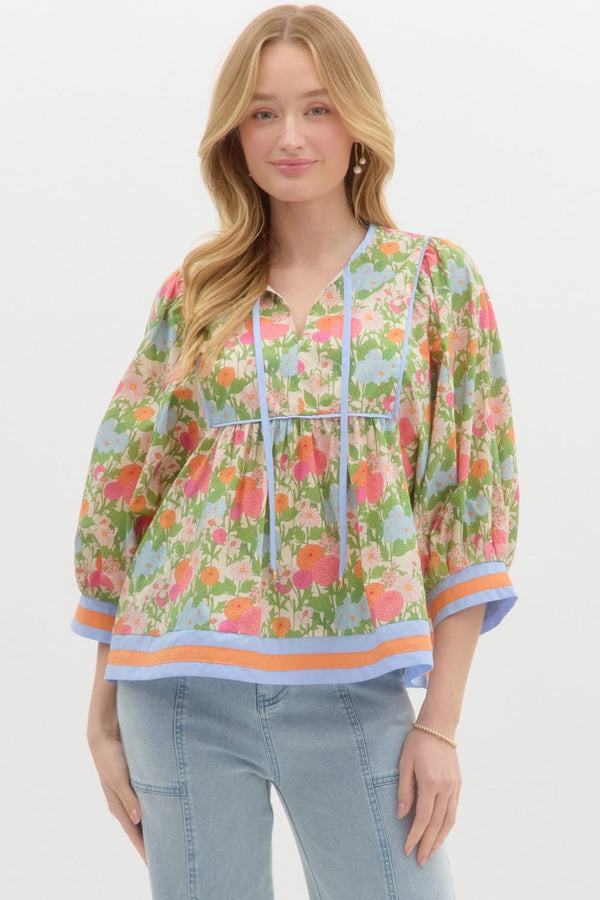 Floral Cuff Band ¾ Sleeve Top- Marigold