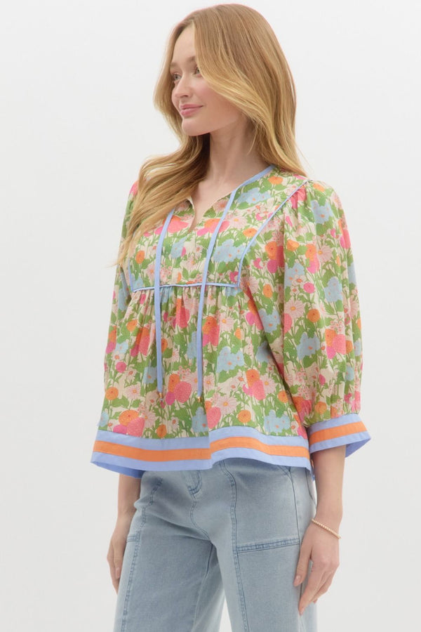 Floral Cuff Band ¾ Sleeve Top- Marigold