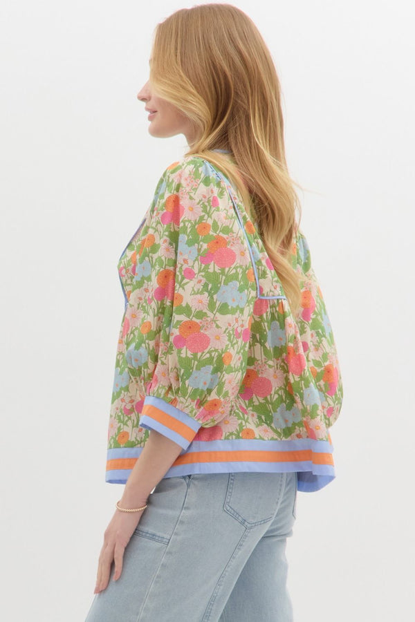 Floral Cuff Band ¾ Sleeve Top- Marigold