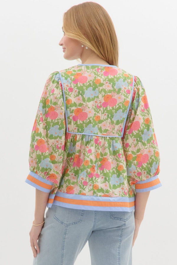 Floral Cuff Band ¾ Sleeve Top- Marigold