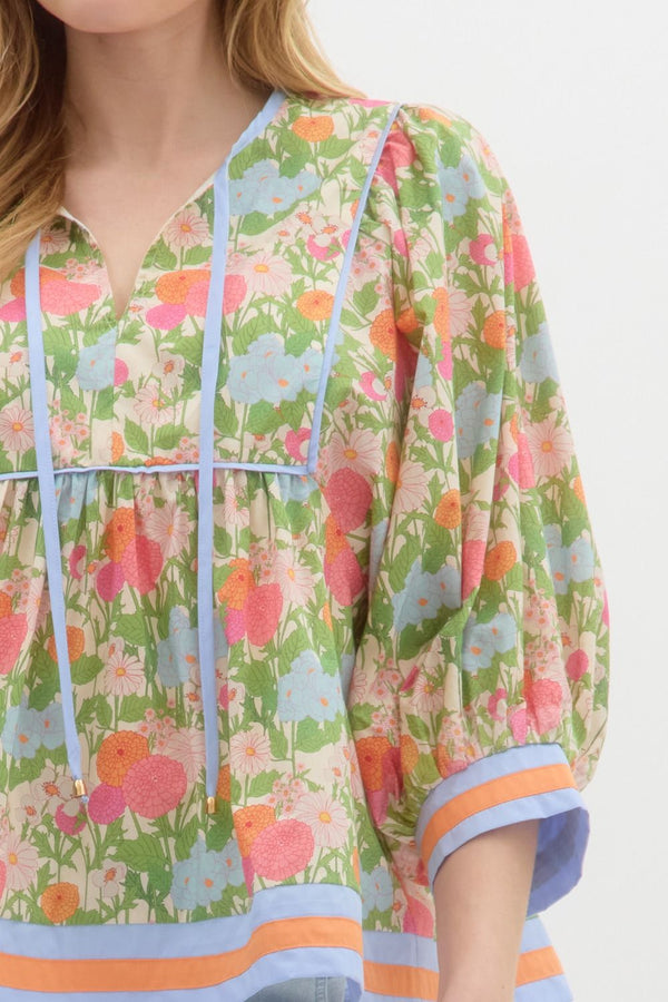 Floral Cuff Band ¾ Sleeve Top- Marigold