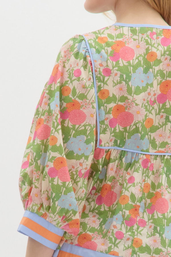 Floral Cuff Band ¾ Sleeve Top- Marigold