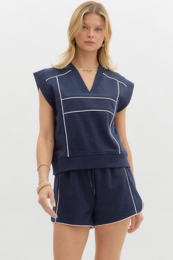 Solid Jersey Knit Short Set- Navy