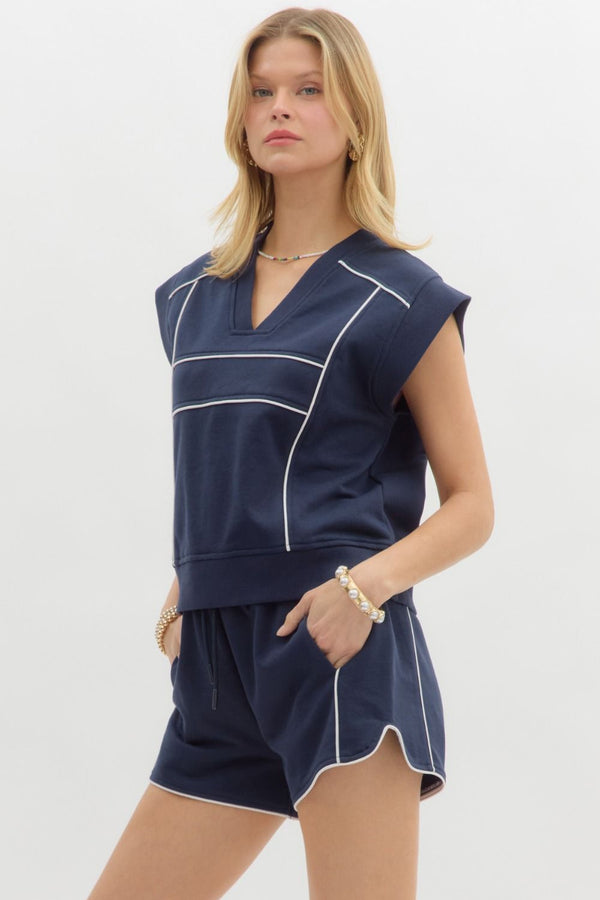 Solid Jersey Knit Short Set- Navy