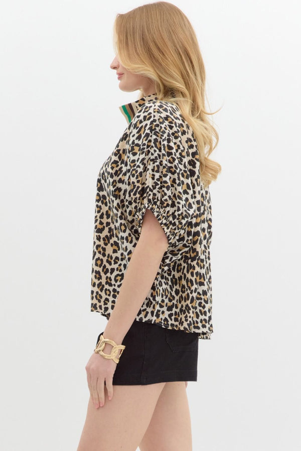 Rib Band Split Neck Top- Leopard Print