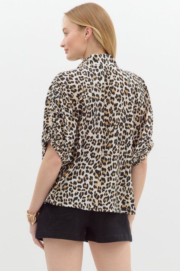 Rib Band Split Neck Top- Leopard Print