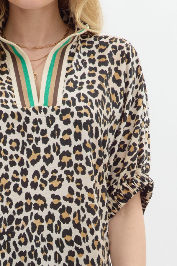 Rib Band Split Neck Top- Leopard Print