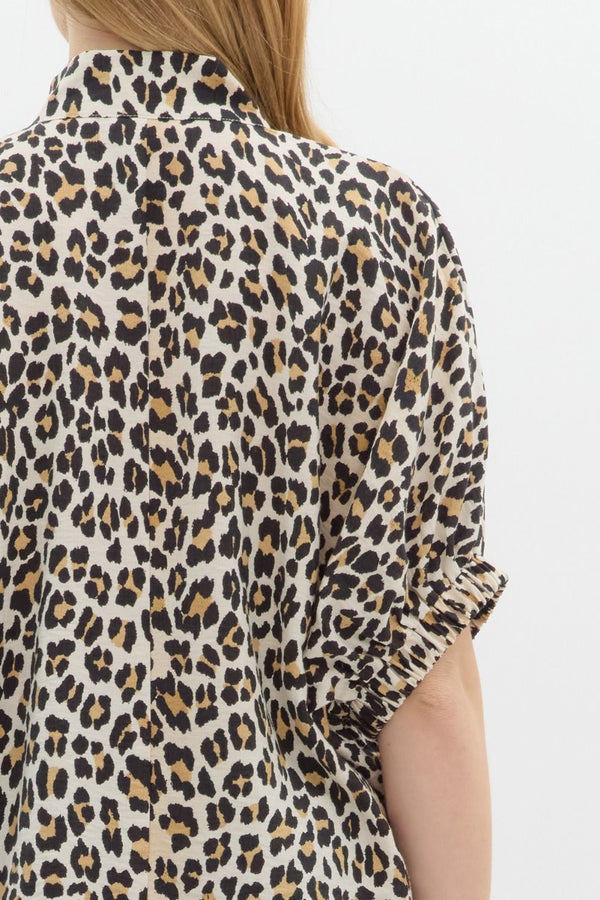 Rib Band Split Neck Top- Leopard Print