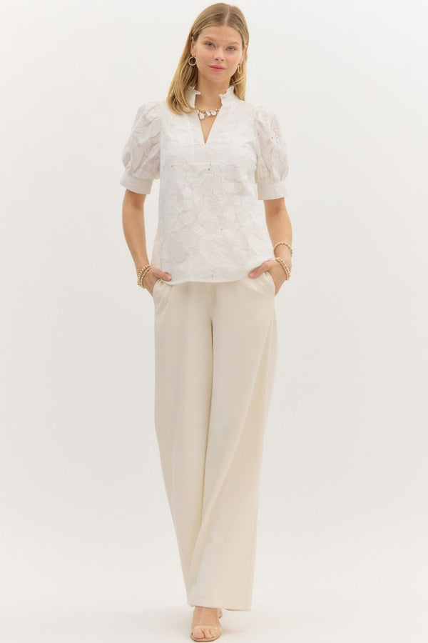 Floral Embroidered Puff Sleeve Pullover Top- White