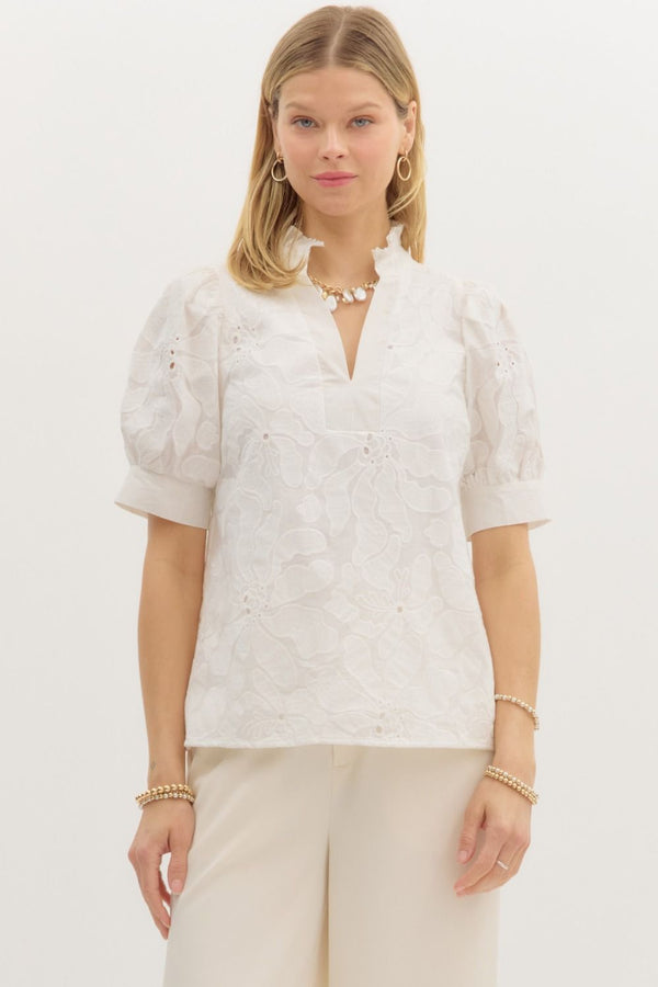 Floral Embroidered Puff Sleeve Pullover Top- White