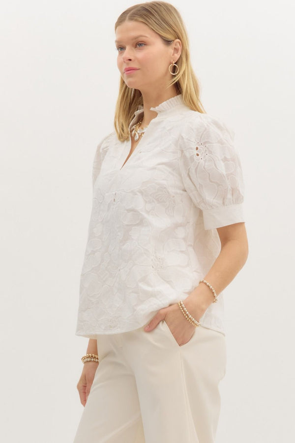 Floral Embroidered Puff Sleeve Pullover Top- White