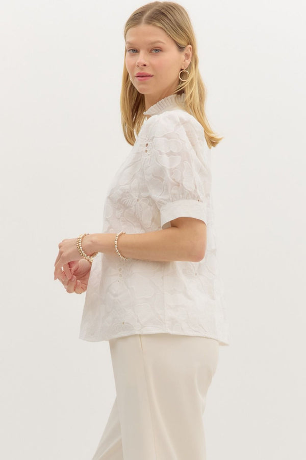 Floral Embroidered Puff Sleeve Pullover Top- White