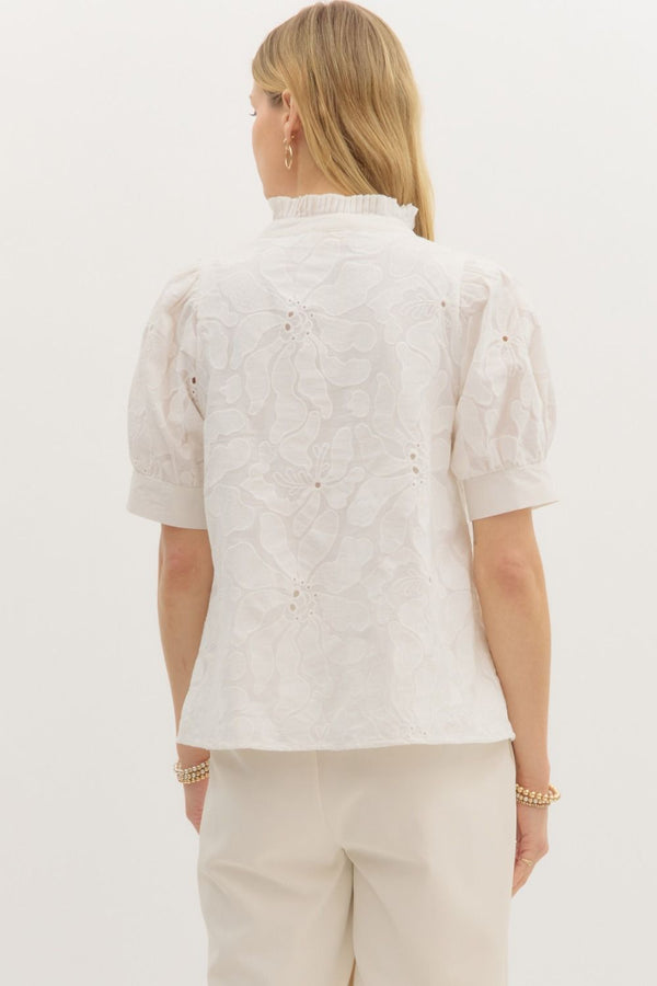 Floral Embroidered Puff Sleeve Pullover Top- White