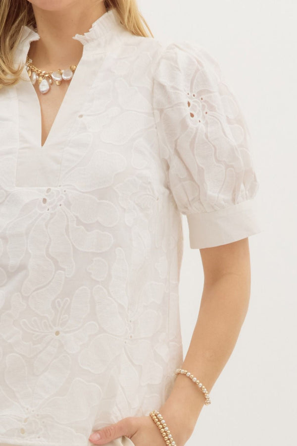 Floral Embroidered Puff Sleeve Pullover Top- White
