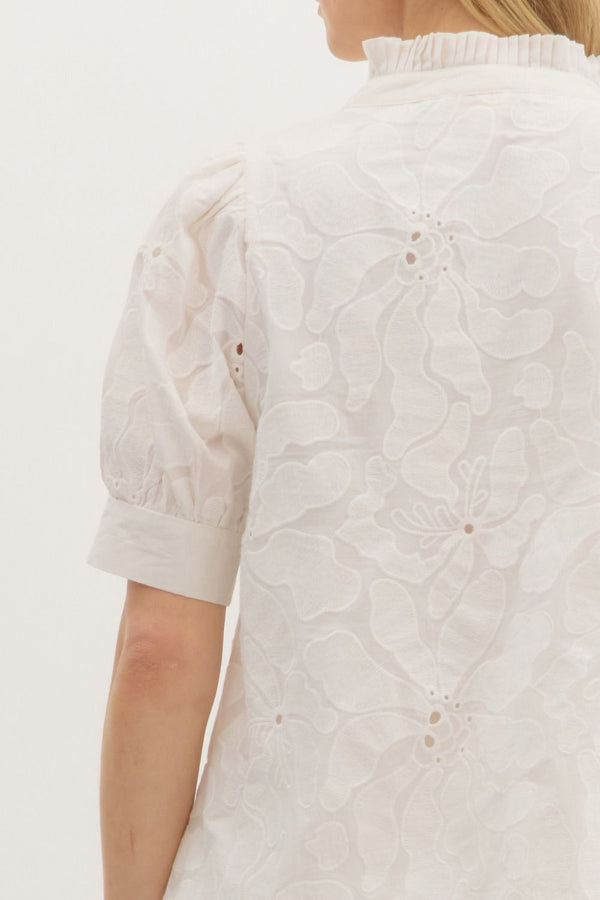 Floral Embroidered Puff Sleeve Pullover Top- White