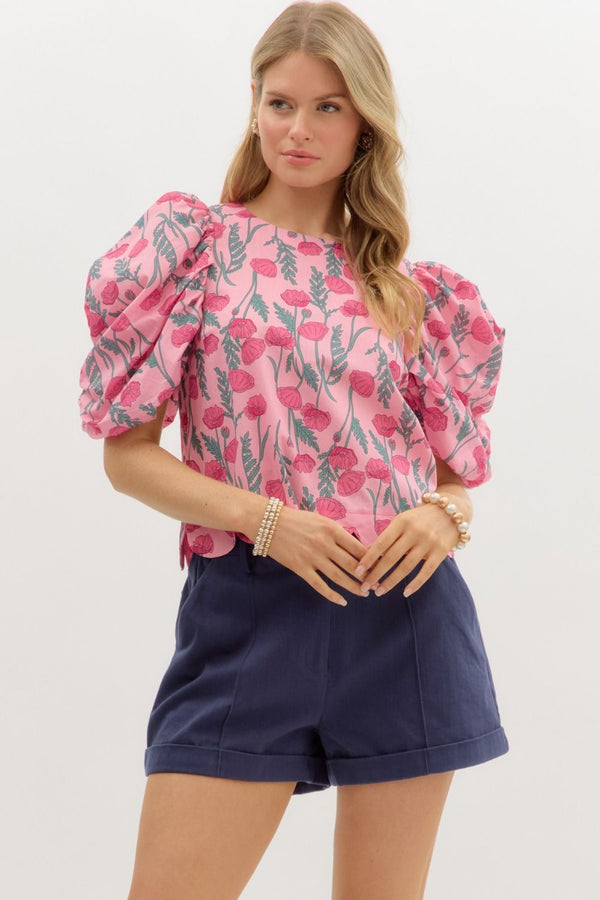 Floral Print Scallop Hem Top- Pink