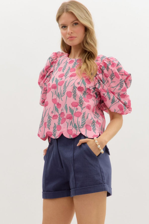 Floral Print Scallop Hem Top- Pink