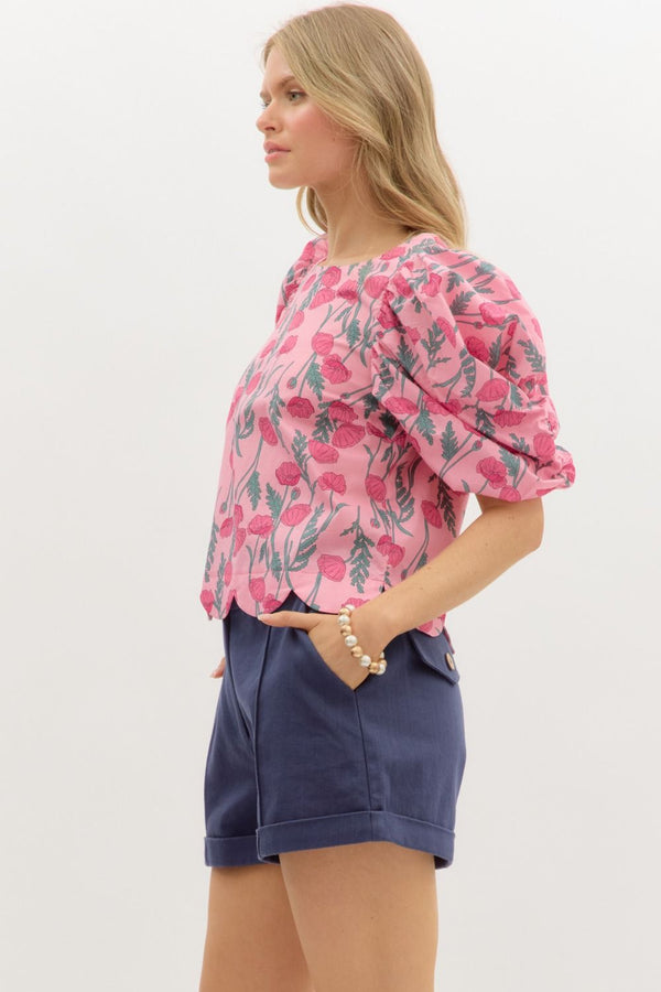 Floral Print Scallop Hem Top- Pink