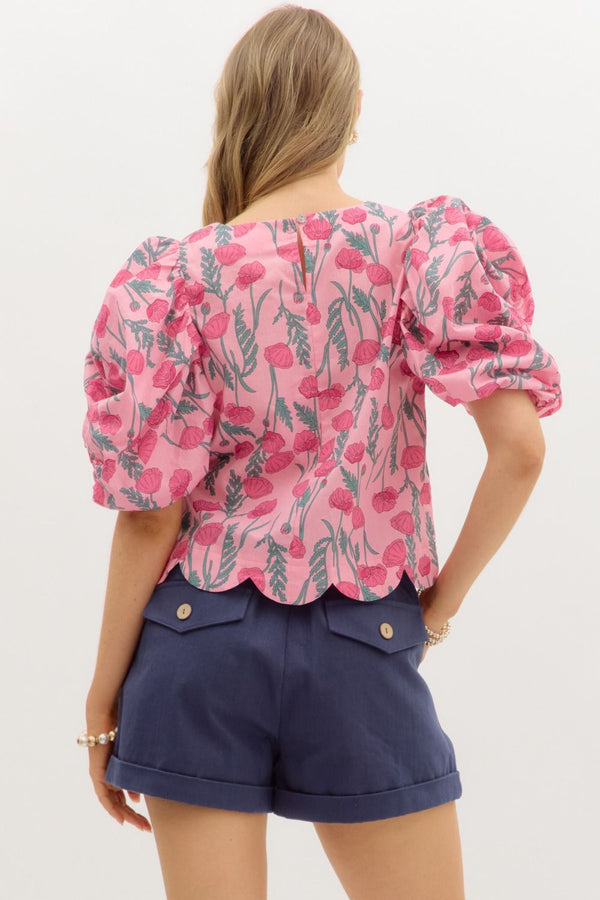 Floral Print Scallop Hem Top- Pink