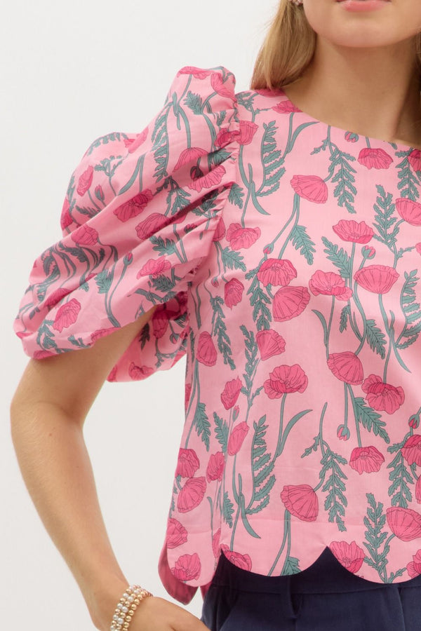Floral Print Scallop Hem Top- Pink