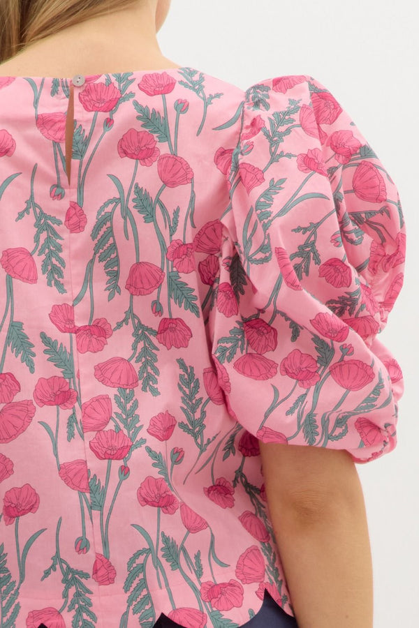 Floral Print Scallop Hem Top- Pink