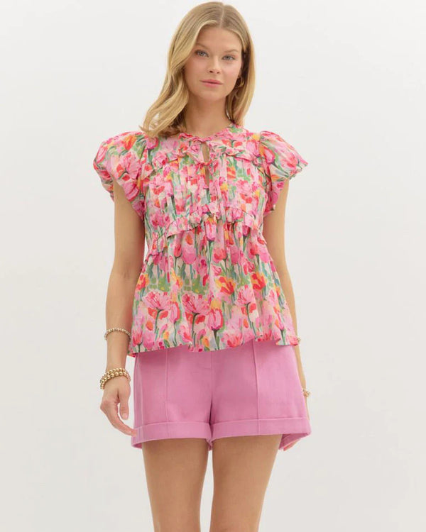 Floral Print Puff Sleeve Top - Red