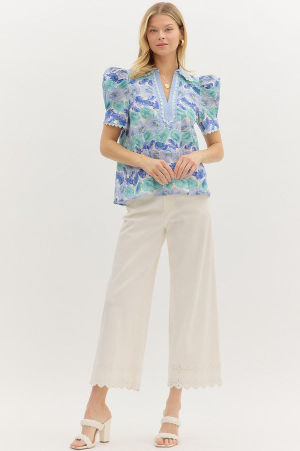Floral Puff Sleeve Pullover Top- Blue/Green