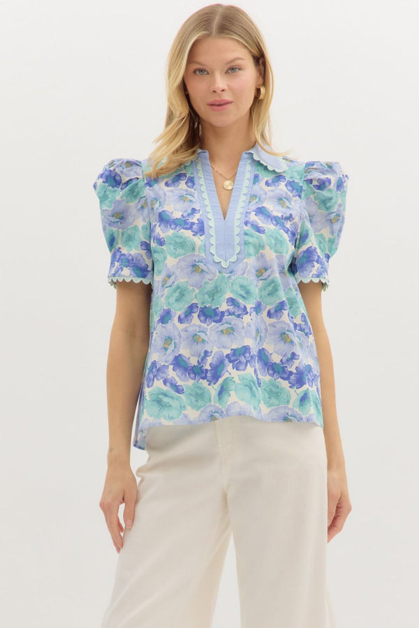 Floral Puff Sleeve Pullover Top- Blue/Green