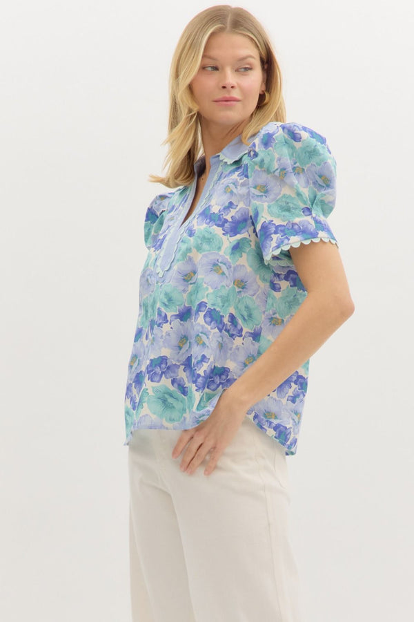 Floral Puff Sleeve Pullover Top- Blue/Green