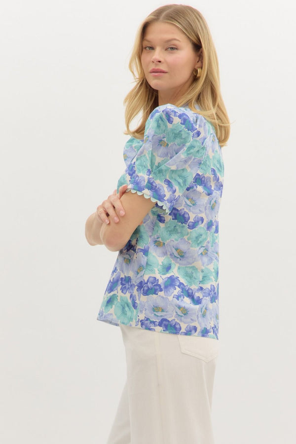 Floral Puff Sleeve Pullover Top- Blue/Green