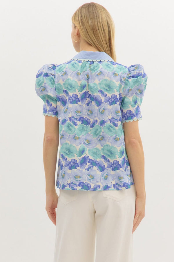 Floral Puff Sleeve Pullover Top- Blue/Green