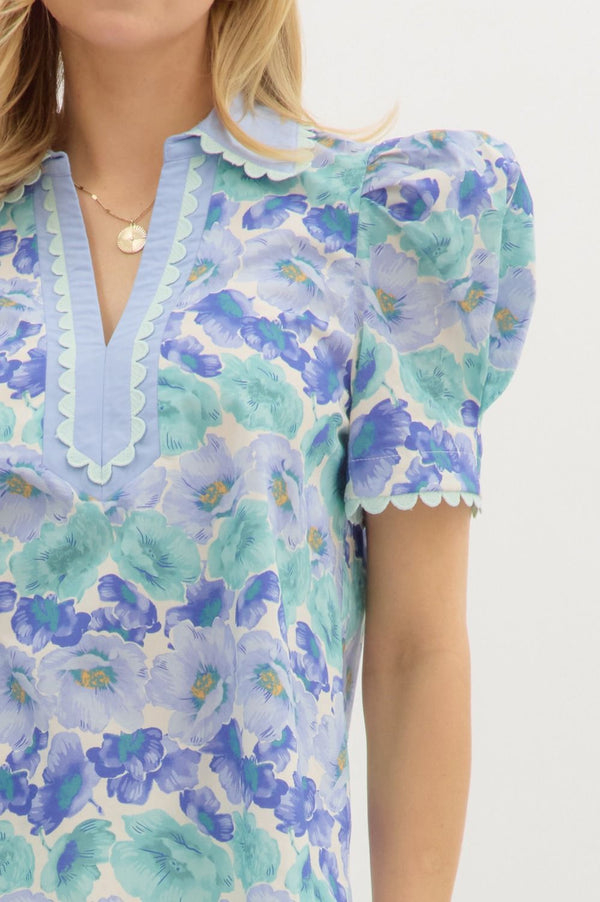 Floral Puff Sleeve Pullover Top- Blue/Green