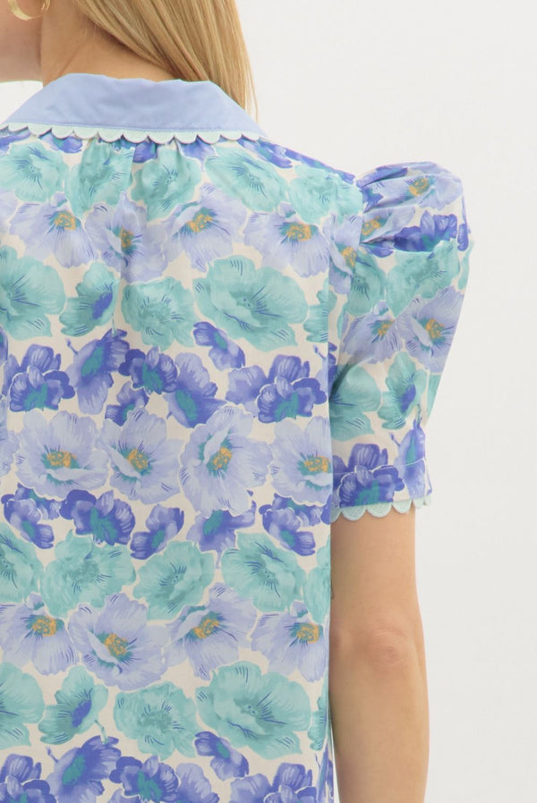 Floral Puff Sleeve Pullover Top- Blue/Green