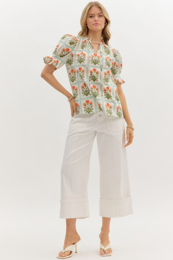 Floral Pattern Ruffle Pullover Top - Orange