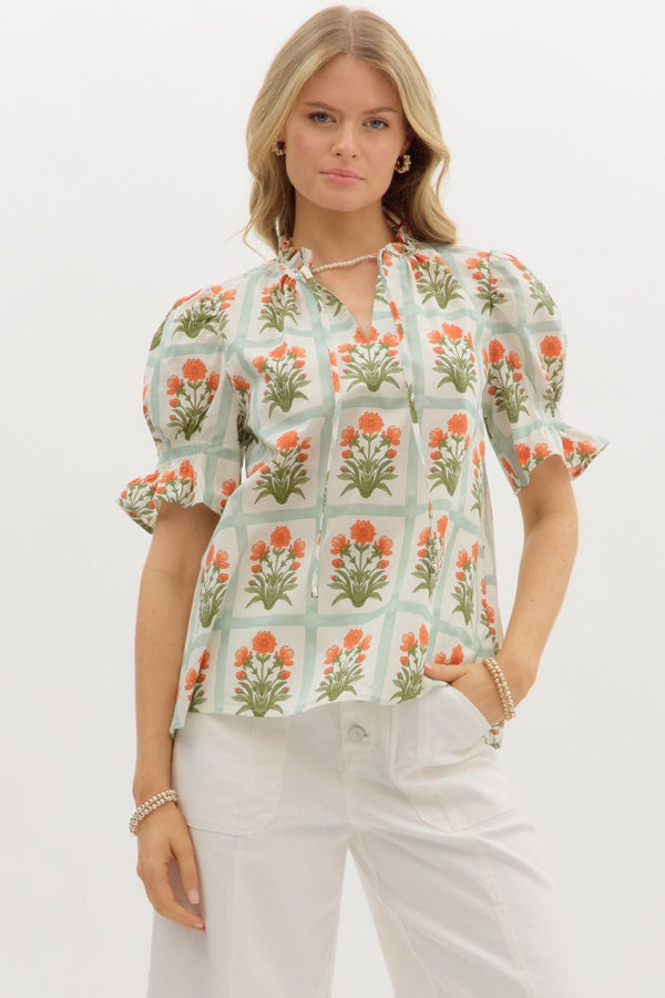 Floral Pattern Ruffle Pullover Top - Orange