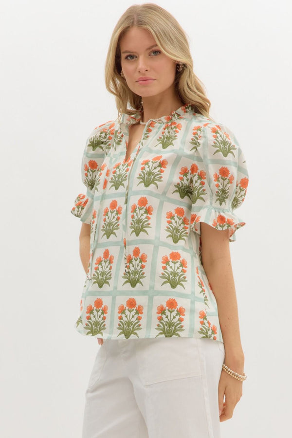 Floral Pattern Ruffle Pullover Top - Orange