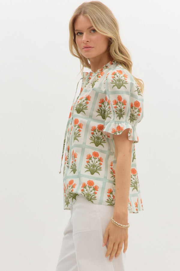 Floral Pattern Ruffle Pullover Top - Orange