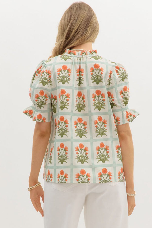 Floral Pattern Ruffle Pullover Top - Orange