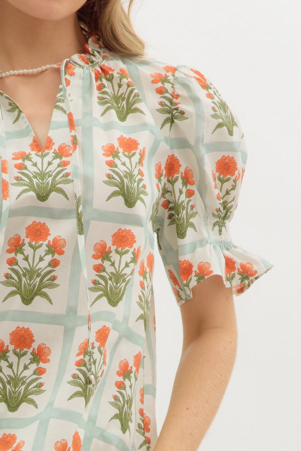 Floral Pattern Ruffle Pullover Top - Orange