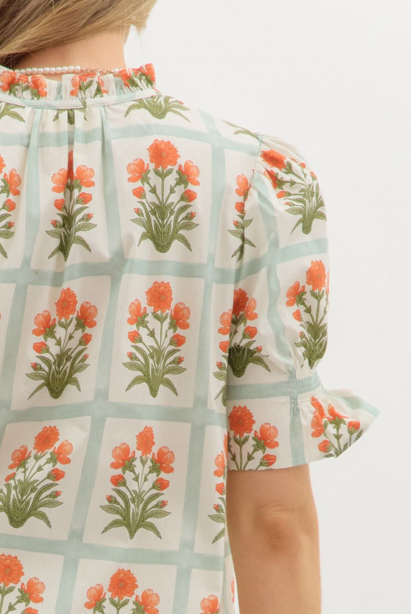 Floral Pattern Ruffle Pullover Top - Orange