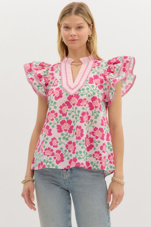 Floral Print Tiered Flutter Sleeve Top- Pink