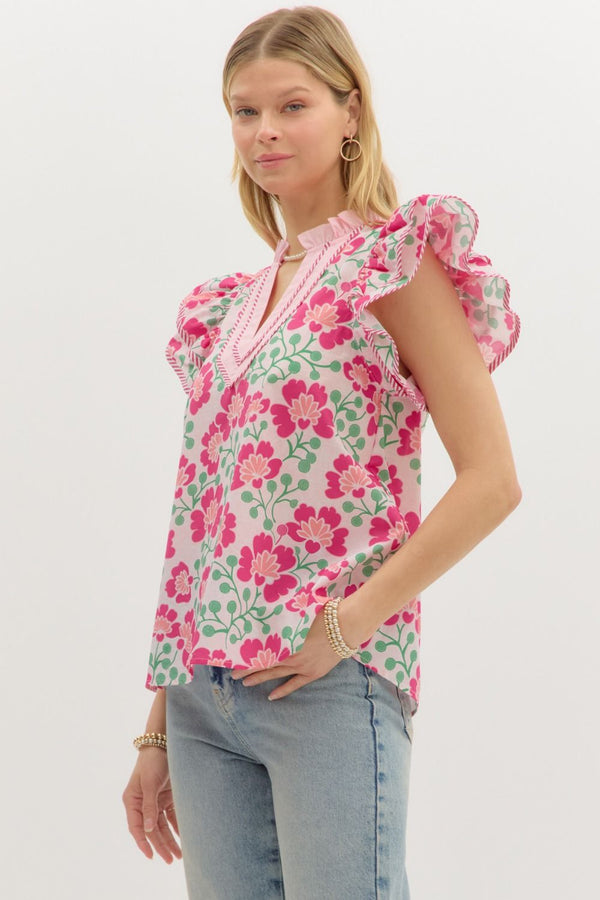 Floral Print Tiered Flutter Sleeve Top- Pink