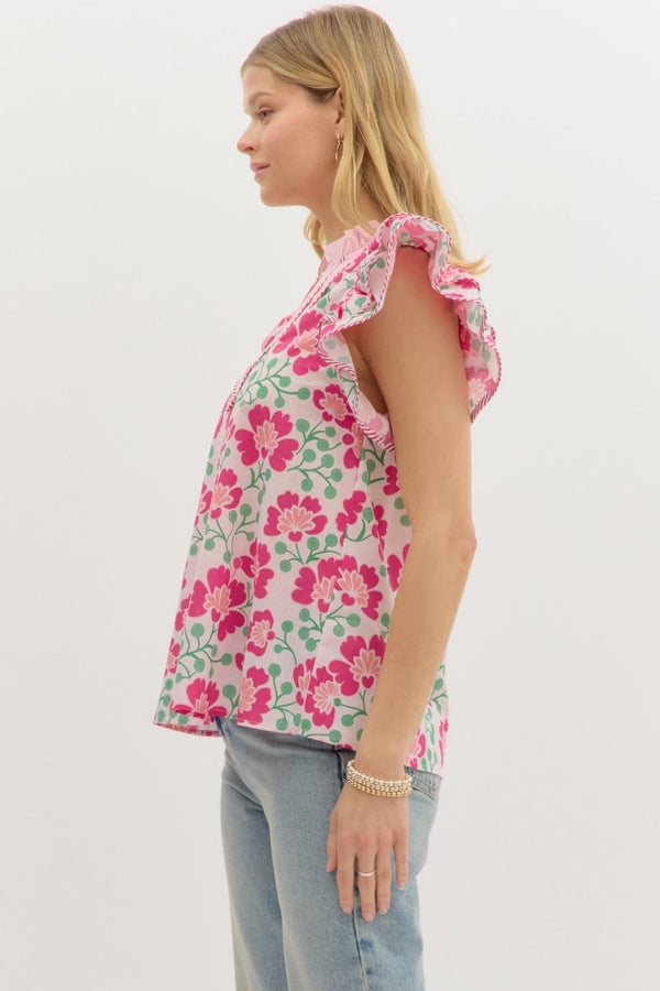 Floral Print Tiered Flutter Sleeve Top- Pink