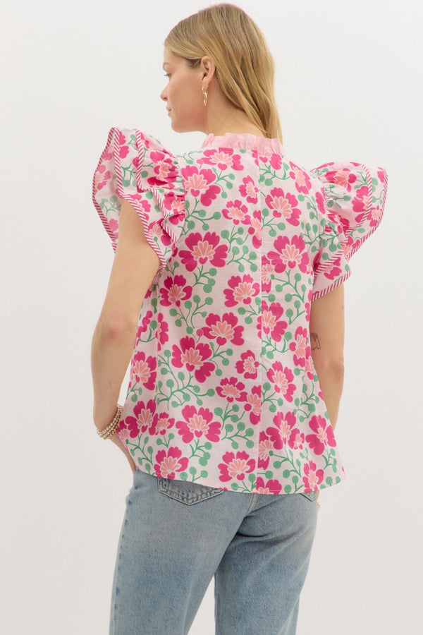 Floral Print Tiered Flutter Sleeve Top- Pink