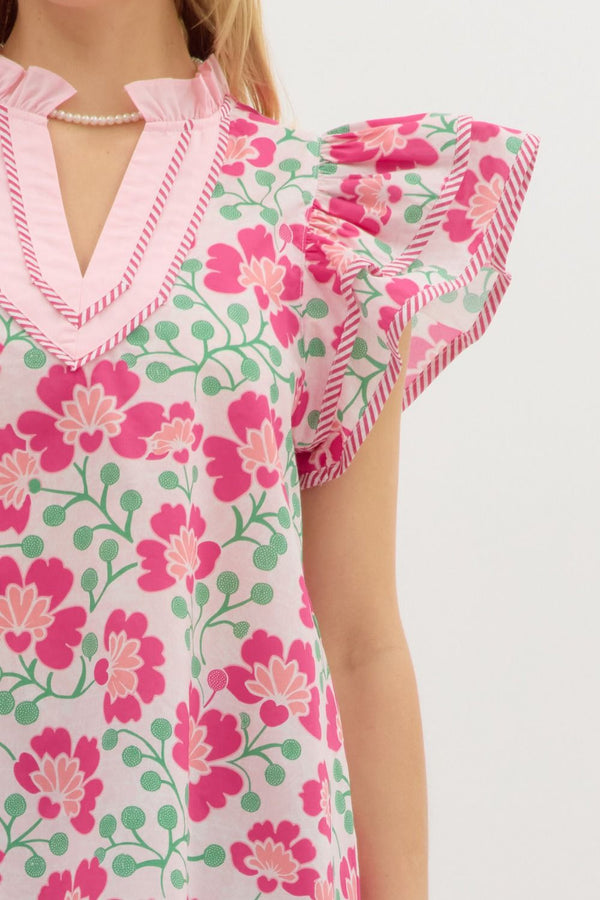 Floral Print Tiered Flutter Sleeve Top- Pink