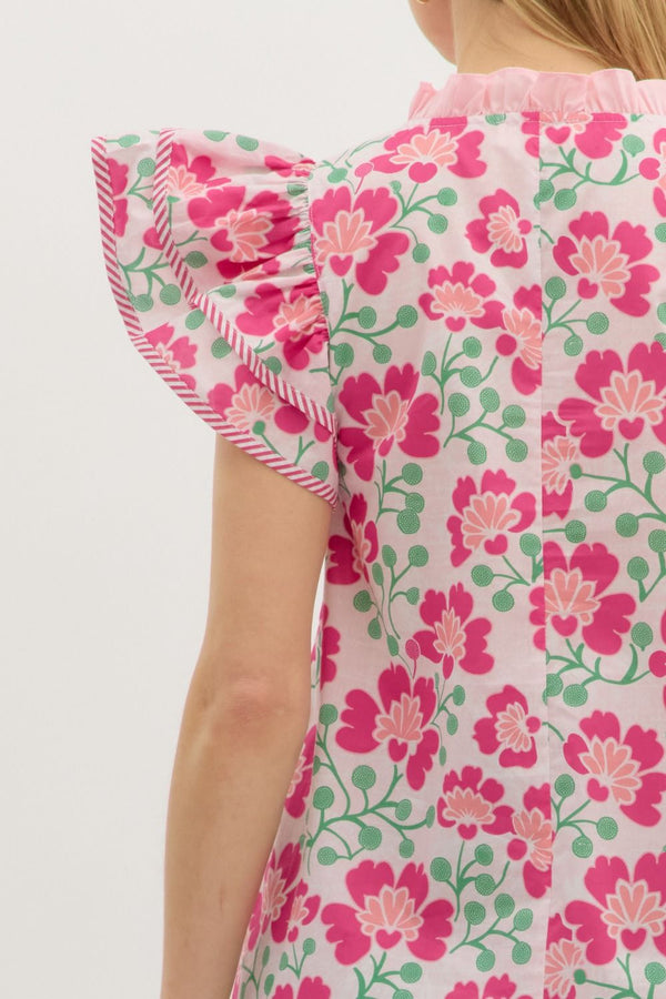 Floral Print Tiered Flutter Sleeve Top- Pink
