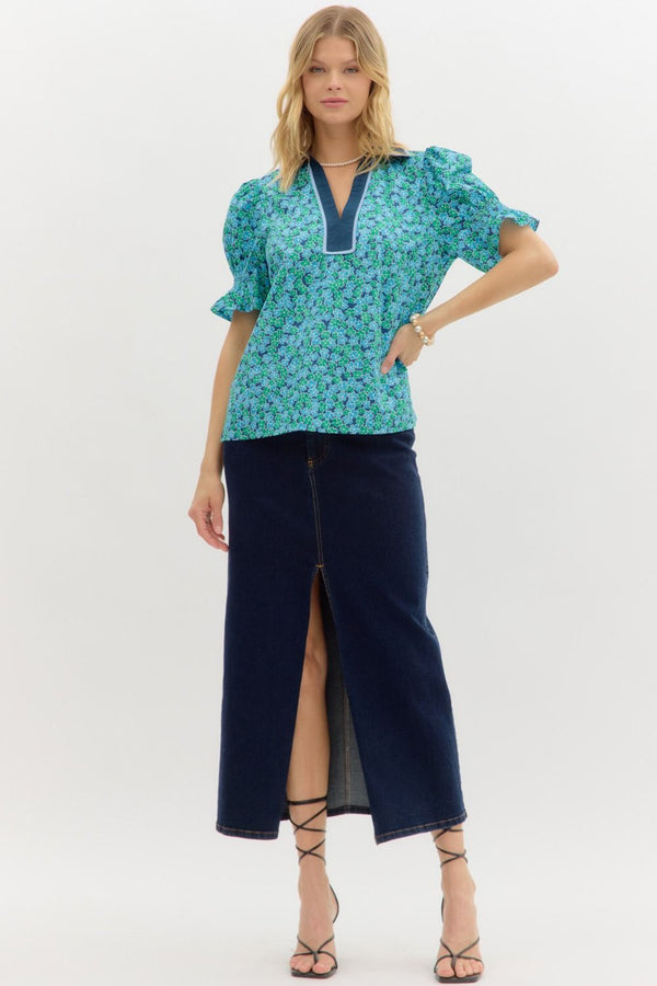 Floral Print Smock Puff Sleeve Top- Navy
